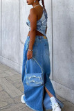 Blue Sexy Casual Street Print Draw String Backless Fold Oblique Collar High Waist Tops