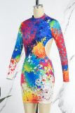 Red Sexy Casual Print Graffiti Backless Half A Turtleneck One Step Skirt Dresses