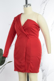 Red Casual Elegant Solid Patchwork V Neck Wrapped Skirt Plus Size Dresses