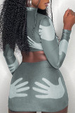 White Sexy Street Print Patchwork Half A Turtleneck Long Sleeve Two Pieces