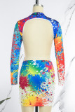 Red Sexy Casual Print Graffiti Backless Half A Turtleneck One Step Skirt Dresses