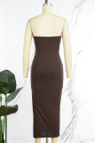 Brown Sexy Celebrities Simplicity Solid Slit Off the Shoulder One Step Skirt Dresses