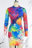 Red Sexy Casual Print Graffiti Backless Half A Turtleneck One Step Skirt Dresses