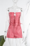 Pink Sexy Party Solid Cross Straps Reflective Strapless Skinny Rompers