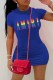 Blue Casual Print Letter O Neck One Step Skirt Dresses