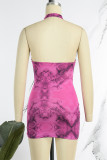 Blue Sexy Print Patchwork Draw String Halter Pencil Skirt Dresses
