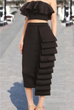 Black Sexy Solid Patchwork Flounce Strapless Sleeveless Two Pieces