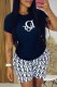 Black Casual Letter Embroidered O Neck Short Sleeve Two Pieces