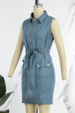 Baby Blue Casual Work Patchwork Pocket Frenulum Turndown Collar Sleeveless Mid Waist Skinny Denim Dresses(With Belt)