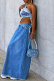 Blue Sexy Casual Street Print Draw String Backless Fold Oblique Collar High Waist Tops