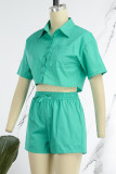 Cyan Casual Solid Patchwork Buckle Turndown Collar Short Sleeve Two Pieces