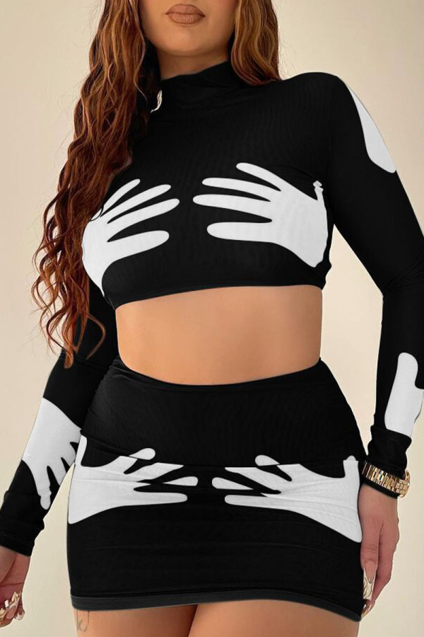 Black Sexy Street Print Patchwork Half A Turtleneck Long Sleeve Two Pieces