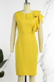 Yellow Casual Elegant Solid Flounce Zipper O Neck Wrapped Skirt Dresses
