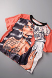 Tangerine Street Print Patchwork O Neck T-Shirts