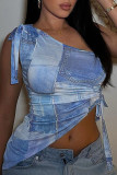 Blue Sexy Casual Street Print Draw String Backless Fold Oblique Collar High Waist Tops