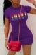 Purple Casual Print Letter O Neck One Step Skirt Dresses