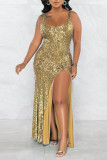 Gold Sexy Solid Sequins Patchwork Slit U Neck Vest Dress Dresses
