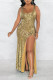 Gold Sexy Solid Sequins Patchwork Slit U Neck Vest Dress Dresses