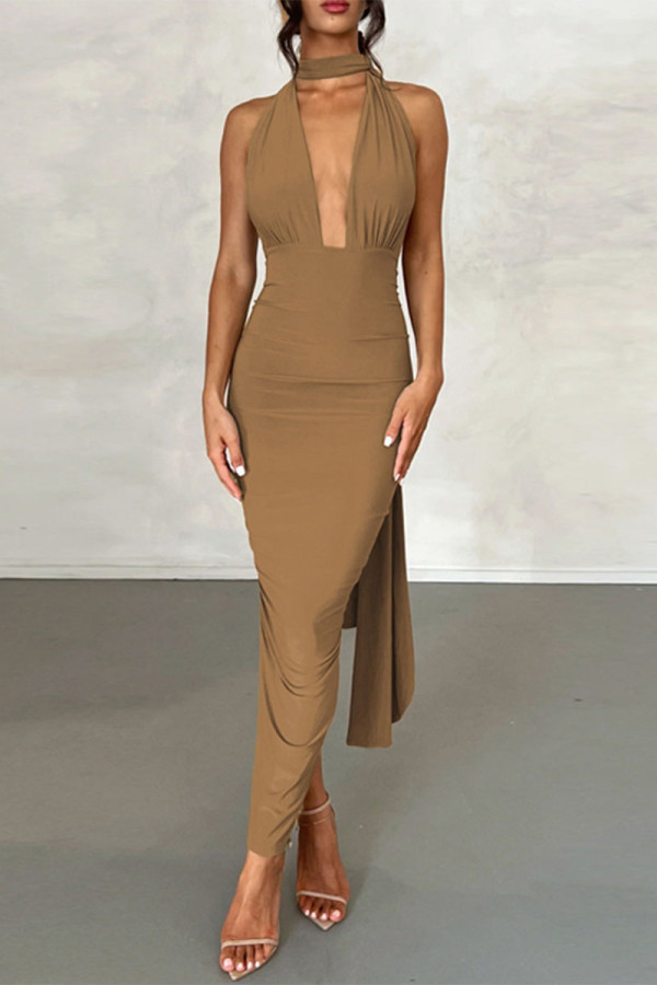 Khaki Sexy Street Elegant Solid Backless Slit Fold V Neck Wrapped Skirt Dresses
