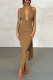 Khaki Sexy Street Elegant Solid Backless Slit Fold V Neck Wrapped Skirt Dresses