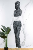 Grey Casual Solid Ripped Hooded Collar Sleeveless Two Pieces