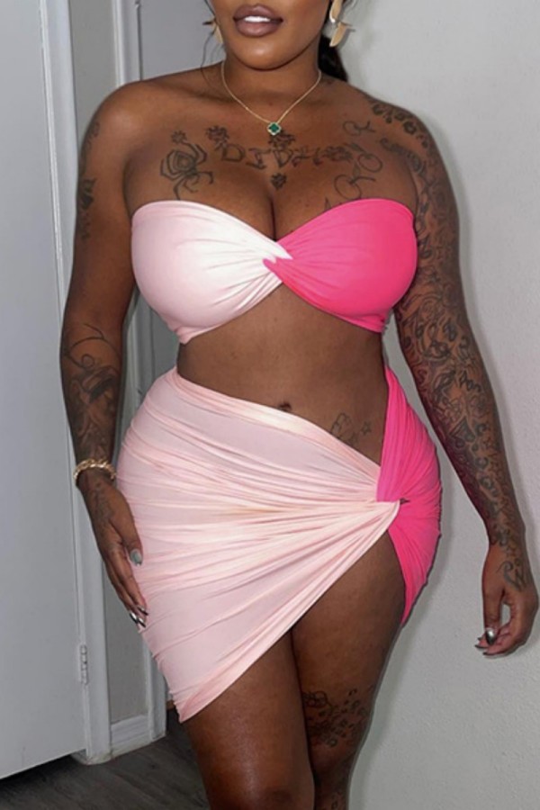 Pink Sexy Solid Patchwork Backless Contrast Strapless Sleeveless Two Pieces