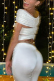 White Sexy Sweet Street Elegant Solid Hollowed Out Fold Off the Shoulder High Waist Tops(Without  Waist chain)