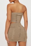 Khaki Sexy Solid Backless Strapless Sleeveless Two Pieces
