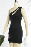 Black Sexy Solid Hollowed Out Oblique Collar Sleeveless Dress Dresses