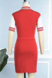 Red Casual Print Letter Mandarin Collar Pencil Skirt Dresses