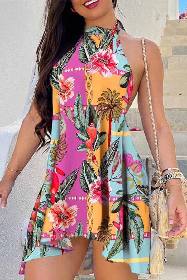 Yellow Pink Casual Street Simplicity Print Frenulum Backless Halter Irregular Dress Dresses