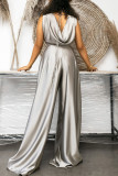 Light Blue Casual Solid Patchwork Backless V Neck Straight Jumpsuits