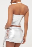 Silver Sexy Solid Frenulum Backless Halter Sleeveless Two Pieces