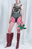 Black Gray Sexy Street Print Patchwork O Neck Sleeveless Two Pieces