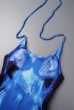 Blue Sexy Print Backless Halter Skinny Romper