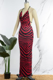 Red Sexy Print Backless Slit Spaghetti Strap Long Dress Dresses