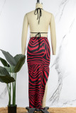 Red Sexy Print Backless Slit Spaghetti Strap Long Dress Dresses