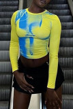 Yellow Sexy Street Daily Print O Neck Mid Waist Tops