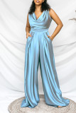 Light Blue Casual Solid Patchwork Backless V Neck Straight Jumpsuits