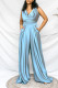 Light Blue Casual Solid Patchwork Backless V Neck Straight Jumpsuits