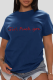 Navy Blue Street Daily Print Patchwork Letter O Neck T-Shirts