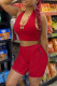 Red Sexy Solid Hollowed Out Backless Halter Sleeveless Two Pieces