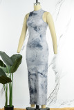 Grey Casual Print Backless Half A Turtleneck Long Dress Dresses