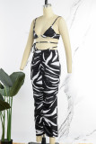 Black Sexy Print Hollowed Out Frenulum Backless Spaghetti Strap Sleeveless Two Pieces