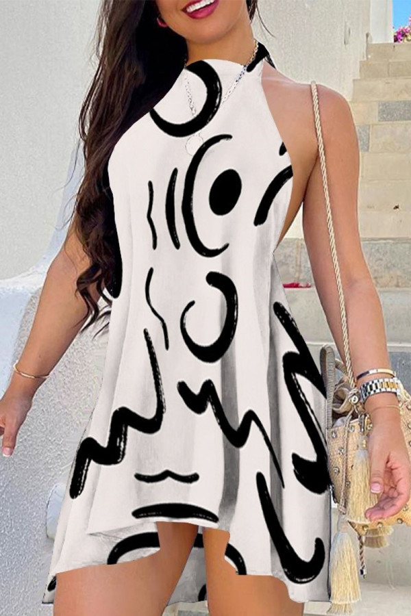 White Black Casual Street Simplicity Print Frenulum Backless Halter Irregular Dress Dresses