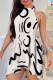 White Black Casual Street Simplicity Print Frenulum Backless Halter Irregular Dress Dresses