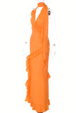 Tangerine Red Sexy Solid Patchwork Backless Stringy Selvedge Halter Long Dress Dresses