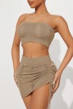 Khaki Sexy Solid Backless Strapless Sleeveless Two Pieces