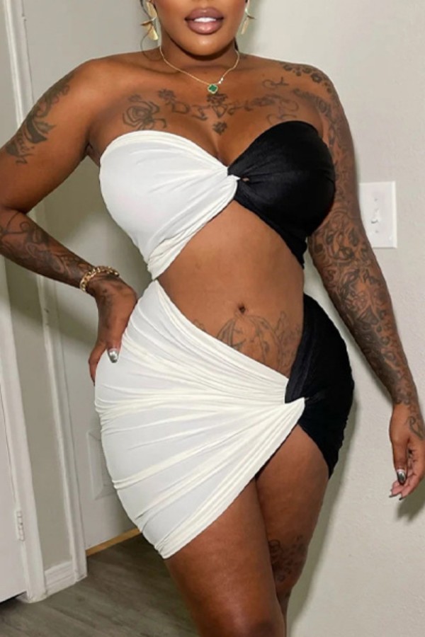 White Sexy Solid Patchwork Backless Contrast Strapless Sleeveless Two Pieces