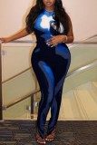 Blue Sexy Print Basic O Neck Skinny Jumpsuits